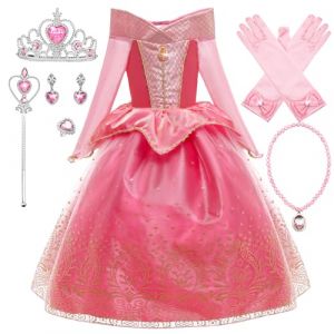 Robe Fille La Belle Au Bois Dormant, Costume Princesse Aurore Manches Longues, Déguisement Cadeau d'Anniversaire Noël Carnaval 3 à 8 Ans Enfant Cosplay, Rose, 130 (New Front, neuf)