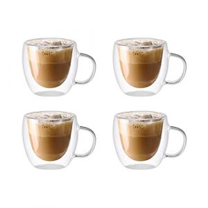 KKPW Lot de 4 tasses &agrave; caf&eacute; en verre &agrave; double paroi, 150 ml isothermes avec poign&eacute;e, tasses transparentes pour latte, boissons, cappuccinos, expresso (qunqunbaihuo, neuf)