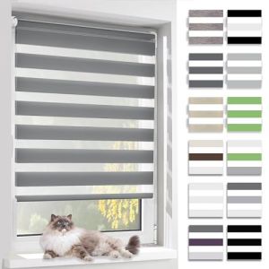 BelleMax Store Enrouleur Jour Nuit,Tissu Double,Rideau sans Per&ccedil;age,Translucide Occultant Protection Vie priv&eacute;e,pour Fen&ecirc;tre et Porte,(Largeur du Tissu 85 cm),Gris Fonc&eacute;,85l x 150L cm (Ominia, neuf)