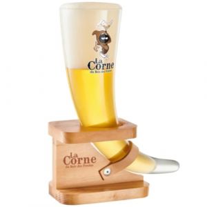 Verre &agrave; bi&egrave;re 33 cl original La Corne du Bois du Pendus, avec support en bois, verre &agrave; bi&egrave;re belge (IDECALE, neuf)