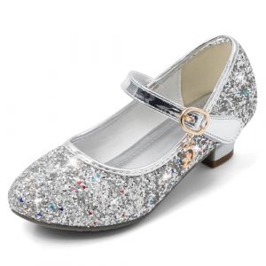 Cheerful Mario 5-10 Ans Chaussures Princesse Filles Paillettes Ballerines Mary Jane à Talon Scintillantes pour Enfant Argent 34 EU (Minga, neuf)