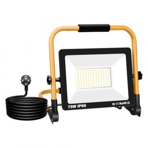 Willpower Projecteur Chantier LED avec Câble, 75W Lampe de Chantier 7500LM Spot LED Extérieur 6500K Blanc Etanche IP66 Portable Lampe de Travail Rotation à 360° Pour Garage Atelier Construction (YZ-EU, neuf)