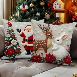 BSITSSS 2 Pi&egrave;ces Coussin Noel, Lapin Cerf Housse Coussin Noel, 45x45, P&egrave;re No&euml;l Housse de CoussinNoel, Fleurs CoussindeNoel pour Chambre, Nanap&eacute;, Chaise, Lit DecorationNoel (BSITSSS, neuf)