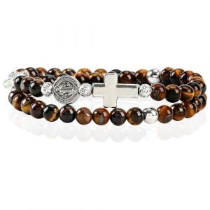 SHIEAGLELD Bracelet Oeil de Tigre Homme, Bracelets Chapelet Rose, Bracelet Homme Catholique Avec Croix M&eacute;daille et St Beno&icirc;t, Pierre Naturelle H&eacute;matite Bracelets pour P&egrave;res, Maris et Gar&ccedil;ons, Marron (YeomanTech DE, neuf)