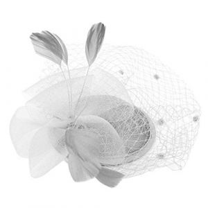 Chapeau bibi avec perles rondes en sinamay - Bandeau à fleurs et plumes - Pour mariage, cocktail, thé, fête, mariage - Blanc - Taille unique (fhjvbt, neuf)