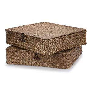 OLegei 2pcs Panier de rangement en osier panier avec couvercle panier pour &eacute;tag&egrave;re bo&icirc;te de rangement pour &eacute;tag&egrave;re, bureau, cuisine, jardin (32 x 28 x 7cm, caf&eacute;) (SunGiRay, neuf)
