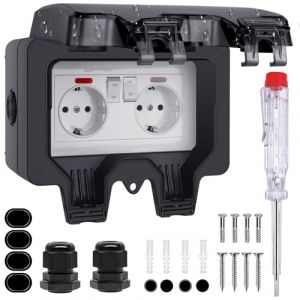 Prise Ext&eacute;rieure Etanche IP66 - Double Prise Electrique Murale avec Interrupteur T&eacute;moin Lumineux Couvercle Anti-poussi&egrave;re Coupe-Vent Bo&icirc;tier Prise &Eacute;tanche pour Jardin Terrasse Sous-sol Garage Maison (ACORRA, neuf)