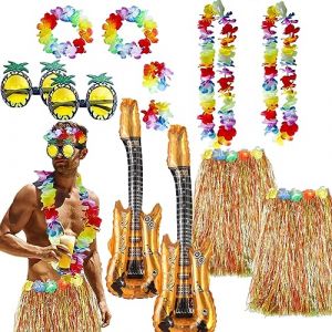 Jupe Hawaienne Femme Homme, Collier de Fleurs Hawaienne Robe Costume Hawaienne Guirlande Deco Lunettes de Soleil Ananas Hawaii Plage Carnaval (2 pièces - Multicolore - Homme) (HarnyLoom, neuf)