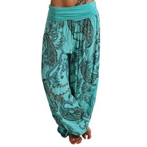 Minetom Femme Harem Pantalon Yoga Sarouel Legers Hippie Baggy Léger Ethnique Calqué Smockée Taille Haute avec Poches Été Plage Pantalon Aladin Jogging B Vert XL (B.W.S KIT, neuf)