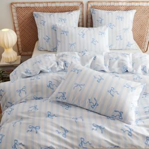 Sedefen Housse de Couette 220x240cm Bleu Rayures Noeud Papillon Parure de Lit 2 Personne Adultes Romantique Mignon Housse Couette en Microfibre avec Fermeture &Eacute;clair et 2 Taie d'oreiller 65x65cm (ArvinBoutiques, neuf)