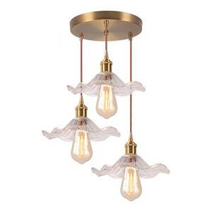DLGLOLIN 3 Lampes Suspension en Verre Fleur Vintage Laiton Dor&eacute; Lustre Salon Moderne &Eacute;clairage de Plafond Art D&eacute;co Int&eacute;rieure Suspendues Pour Salle &agrave; Manger Chambre Cuisine (DLGLOLIN, neuf)