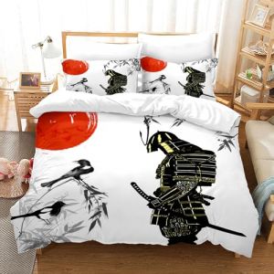 Housse de Couette Japonais Parure de Lit Fermeture Éclair, Housse de Couette, samouraï Japonais, taie d'oreiller imprimée avec Branches de Fleurs botaniques, 65x65cm (Style F, 140x200cm) (CR-EU-STORE, neuf)