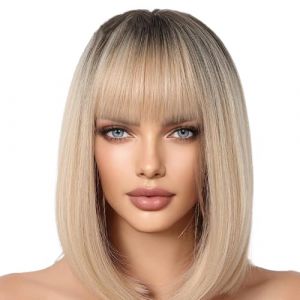 Perruque Bob courte naturelle avec reflets - Perruque Bob courte – Perruque Bob synthétique lisse avec frange, aspect naturel, résistante à la chaleur, perruque courte pour femmes et filles (queen'style, neuf)