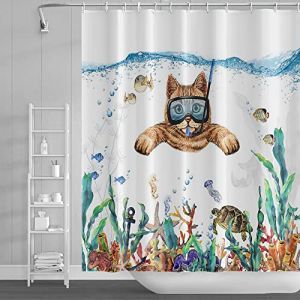 SDOTPMT 165x183cm Chat Marrant Nager sous l'eau Rideaux de Douche Monde océanique Tortue de mer Poulpe Poisson Herbe de mer Rideau de Bain pour Enfants Enfants Rideau de Salle Bain avec Crochets (SDOTPMT, neuf)