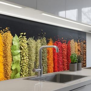 KitchenYeah&copy; Credence Cuisine Adhesive 60x100 cm Protege Mur Revetement Mural Adhesif Parement Interieur &Agrave; Coller Plaque Plastique Rigide &Eacute;pices - Herbes - Bandes - Arc-En-Ciel (KitchenYeah, neuf)