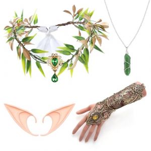 Lot de 4 accessoires de costume oreilles de fée de la forêt, bandeau, gants en dentelle, collier avec oreilles d'elfe, costume d'elfe de la Renaissance pour femmes et filles, Halloween, cosplay, fête (qqplus, neuf)