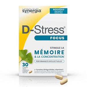 D-STRESS FOCUS 30 comprim&eacute;s | L-Tyrosine, Ginkgo biloba et Vitamine C | Stimule la m&eacute;moire et la concentration | Vegan, Sans Gluten, Sans Soja, Sans OGM | Origine France | Laboratoire SYNERGIA (Ma Sant&eacute;, neuf)
