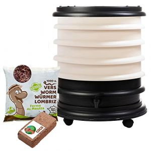 WORMbox | Lombricomposteur 4 Plateaux Ivoire + 500gr de vers de Compost + 1 Bloc Coco | 64 litres | Compostez Vos déchets organiques, Les vers de Terre/lombrics produisent du lombricompost (Ferme du Moutta, neuf)