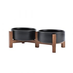 SPUNKYJUNKY Gamelle pour Chien en céramique Double gamelle surélevée avec Support en Bois d'acacia pour Chats et Chiens (400 ML, Noir) (Elf Corner, neuf)
