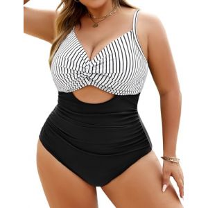 heekpek Maillot de Bain Grande Taille Femme 1 Pieces Push Up Rembourré Maillot de Bain Ventre Plat Femme Taille Haute Maillot Gainant Col en V Swimsuit, Noir et Blanc à Rayures, XXL (HKPK, neuf)
