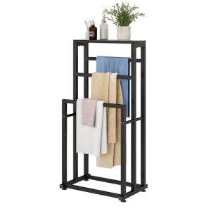 VERFARM Porte-Serviettes Autonome pour Salle de Bain, 3 Niveaux en m&eacute;tal, Support d'&eacute;chelle, s&eacute;chage et pr&eacute;sentoir avec &eacute;tag&egrave;re pour Chambre &agrave; Coucher, Salon, Noir (VERFARM, neuf)