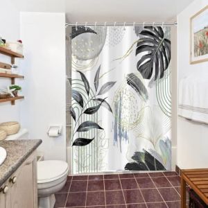 Rideau Douche Anti Moisissure, Uiiooazy Rideau Douche 150x180cm Noir Tropicale Feuilles de Palmier Jungle Abstrait Rideaux de Baignoire Tissu Lavable Imperm&eacute;able Rideaux Salle de Bain avec 10 Crochets (dongguibinjingpinxiaodianpu, neuf)