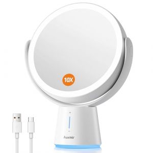 Auxmir Miroir Maquillage Lumineux Grossissant 10X/1X, Miroir de Maquillage Double Face 2500mAh Rechargeable, Miroir Cosmétique LED Réglable en 5 Niveaux de Luminosité, Miroir de Table sur Pied (Auxmir Direct, neuf)
