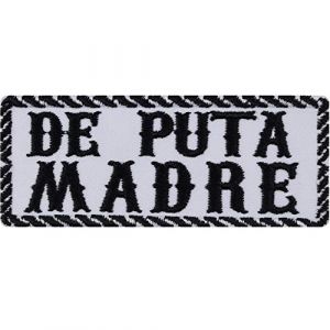 Écusson Thermocollant - 'DE PUTA MADRE' - Patch Motard Brodé - Patch Espagnol à Repasser - Cadeau à Coller Soi-même pour Moto/Blouson/Sac/Gilet en Jean - Blanc - 100x40mm (EXPRESS-STICKEREI, neuf)