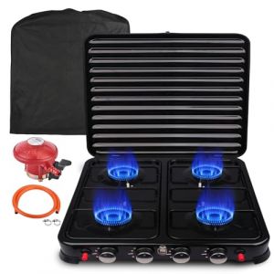 8.8KW Réchaud Gaz 4 Feux, Réchaud à Gaz de Camping Portable Avec Allumage Piezo et Régulateur, Réchaud de Camping Réchaud Extérieur pour Cuisine Plein Randonnée Camping Pêche Pique Nique (Pur Noir) (Lilidirect, neuf)