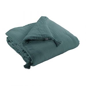 Mylittlebed Edredon Dessus de lit L’Effet Papillon 90x200 cm Chemin de lit 100% Gaze de Coton avec Finition Pompons [ Dessus de Lits et Couvre-Lits ] (Bleu Canard) (Mylittlebed, neuf)