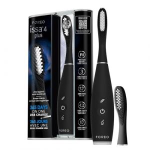 FOREO issa 4 plus Brosse à dents électrique sonique – kit rechargeable 4-en-1 guidé par IA avec tête hybride silicone et polymère extra, poils souples, blanchiment, nettoyage ultra-hygiénique - Noire (Foreo, neuf)