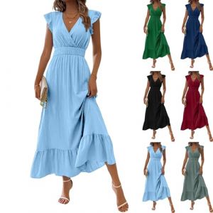 Robe Mariage Invitée Femme Ete Fleurie Fluide Robe Femme Chic Et Elegant Boheme Cocktail Vetement Ete sans Manches De Cérémonie Légère Grande Taille Summer Dress(Ciel Bleu,XL) (uxxnjfg, neuf)