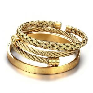 JeweBella 3 Pièces Bracelet Jonc Homme Argent/Or/Noir Acier Inoxydable Luxe Numéros Romain Jonc Manchette Bracelet Ouvert Réglable Ensemble (MOY-UK, neuf)