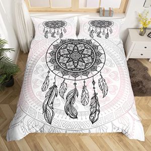 Parure de lit attrape-rêves filles mandala housse de couette filles femmes plumes housse de couette bohème fleurs literie 220 x 240 motif géométrique exotique housse de couette blanc gris rose (Bofanshangmao, neuf)