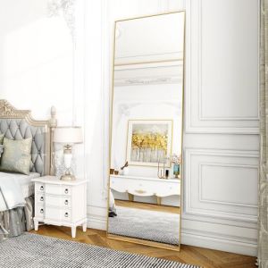 Koonmi Miroir sur Pied, 140 x 40 cm, Grand, Miroir Pleine Longueur, avec Cadre en Aluminium, pour Chambre à Coucher, Salon et Salle de Bain, doré (KoonmiEU, neuf)