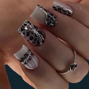 Faux ongles &agrave; presser pour l'hiver - Couverture compl&egrave;te - Imprim&eacute; l&eacute;opard gris - Faux carr&eacute; court - Pour femme - Ongles artificiels d'hiver - Imprim&eacute; l&eacute;opard gris - Faux paillettes (ZHIsxin, neuf)
