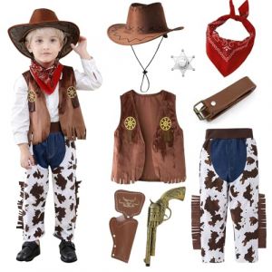 Hengrongshen Deguisement Cowboy Enfant, Costume de Shérif pour Enfant avec Chapeau de Cowboy, Gilet, Foulard et Accessoires de Cowgirl, Costume de Carnaval, Halloween, Cosplay pour Garçon et Fille (HengRongSh-EU, neuf)