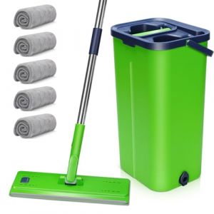MASTERTOP Balai Microfibre et Seau Essoreur, Serpillière Rotative 360° et Seau à 2 Compartiments, Vadrouille de Mains Libre pour Nettoyage de Sol avec 5 Tampons Réutilisables (Vert) (MASTERTOP, neuf)