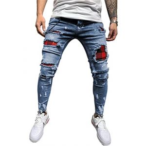 Onsoyours Jean Trou&eacute; Homme Style Hip Hop D&eacute;truit Trou Pantalon en Denim Extensible Couleur Unie Jeans Trou Cass&eacute; Streetwear Jeans Moulants Trekking Cargo Mode A Bleu Fonc&eacute; 3XL (Sungood Fashion, neuf)