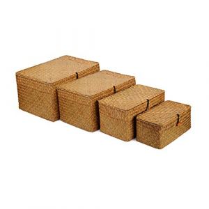 YANGQIHOME Panier de Rangement en Osier avec Couvercle pour Salle de Bain, Salon et Chambre (Lot de 4) - Fabrication Naturelle avec des Herbes Marines Tréssées à la Main (YANGQIHOME, neuf)