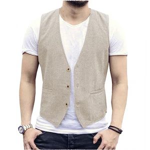 AeoTeokey Gilet d'&eacute;t&eacute; en lin pour homme Gilet de costume Gilet d&eacute;contract&eacute; Coupe regular, beige, XXL (DingXuBao, neuf)