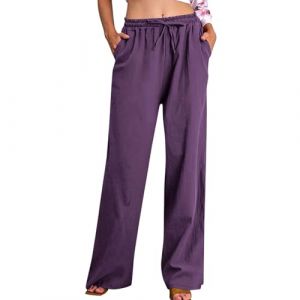 Pantalon Lin Femme Été Coton Pantalon Chanvre Décontractés Large Pants de Plage avec Poches Pantalons Fluide Elegant Chic Taille Haute Élastique Pants Léger Jogging Vetement pour Bureau Vacances (YAOJIWANG  FR, neuf)