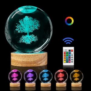 Syzplnwy Lampe de nuit en forme de boule de cristal &agrave; 16 couleurs changeantes avec t&eacute;l&eacute;commande et base en bois LED, boule en verre de 8 cm, cadeau pour enfants et adultes, Arbre de Vie (Syzplnwy, neuf)