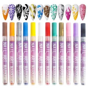 Kit de 12 stylos de nail arts colorés, marqueurs pour nail arts DIY sur ongles en gel, pour graffiti, pointillisme, peinture et traçage, kit d'outils pour salon de manucure à domicile (wufandian, neuf)