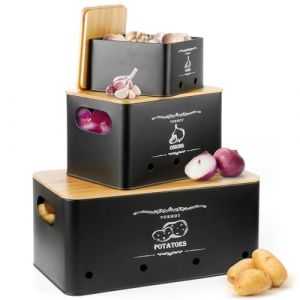 VORHOT Boite Pomme de Terre, Lot de 3 Rangement Oignons Ail Pomme de Terre, Conservation Pomme de Terre avec Couvercle en Bambou, Noir (CATERINA MEGA SHOP S.R.L., neuf)