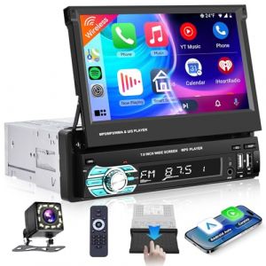 Podofo sans Fil Carplay 1 Din Autoradio avec &Eacute;cran 7'' R&eacute;tractable Manuellement Bluetooth 5.1 FM 2 USB Type C AUX/SD/Contr&ocirc;le du Volant sans Fil Android Auto avec Cam&eacute;ra De Recul (Podofo electronic, neuf)