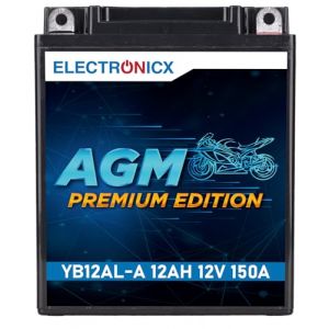 Electronicx Batterie Moto AGM YB12AL-A 12V 12Ah 150A &ndash; Batterie de d&eacute;marrage sans entretien, scell&eacute;e & &eacute;tanche &ndash; 134&times;80&times;160mm&ndash; Accu haute performance pour moto, scooter, quad, ATV, motoneige (Electronicx, neuf)