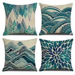 OCEUMACO Housse de Coussin 45x45 Fleurs G&eacute;om&eacute;trique D&eacute;coratif Housses Coussins pour Canap&eacute; Lit Chaise Salon Lot de 4 Montagne Moderne Taie d'oreiller en Lin Boh&ecirc;me Scandinave - Bleu Canard (Oceum, neuf)