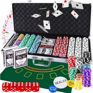 Retoo Mallette de poker 500 jetons dans un coffret en aluminium - Kit complet de poker avec 2 jeux de cartes, 5 d&eacute;s, 3 boutons de croupier - Parfait pour le Texas Hold'em, le Blackjack et les soir&eacute;es (RETOO, neuf)