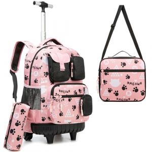 HTgroce Cartable à roulettes Sac à Dos Filles, Chats Cartable Primaire Sac Trolley avec Sac Repas Trousse à Crayons Sac à Dos à roulettes Cartable Roulette Fille CE1 (Lldaily EUR, neuf)